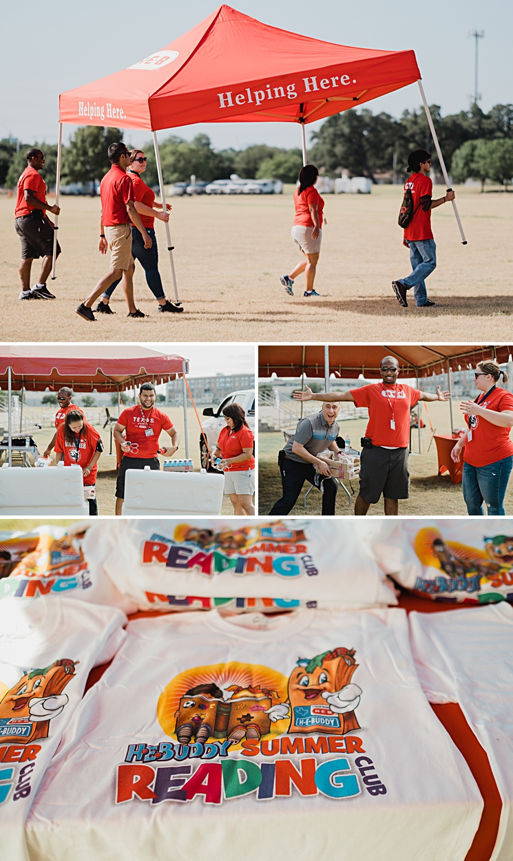 A team from HEB helps to set up the stations for games, food and giveaways at the TAPS Event at Camp Maybry ~ Austin Event Photograher