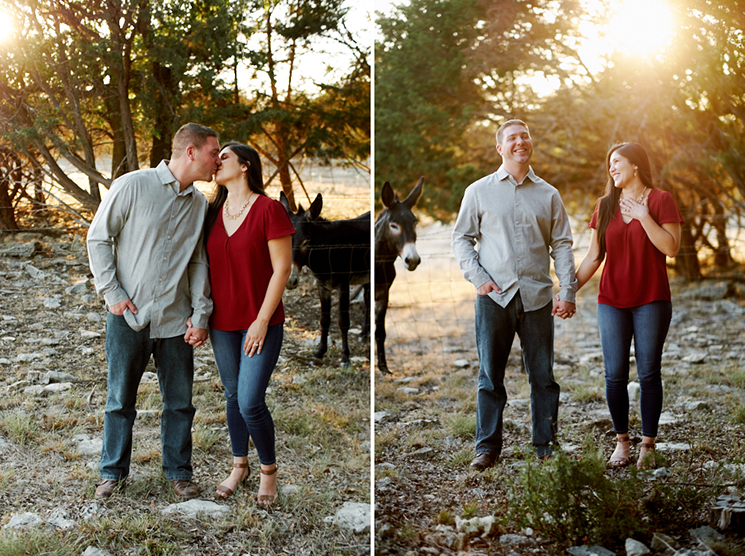 Jesse and Natalie get photobombed by a donkey during their Texas Hill Country engagement session by Austin wedding photographers Mercedes Morgan Photography