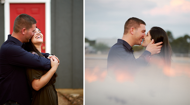 Warm love and pretty pink and blue sunsets were both big features of Natalie and Jesse's engagement session at our outdoor photography studio. Taken by Mercedes Morgan Photography, Austin wedding photographers