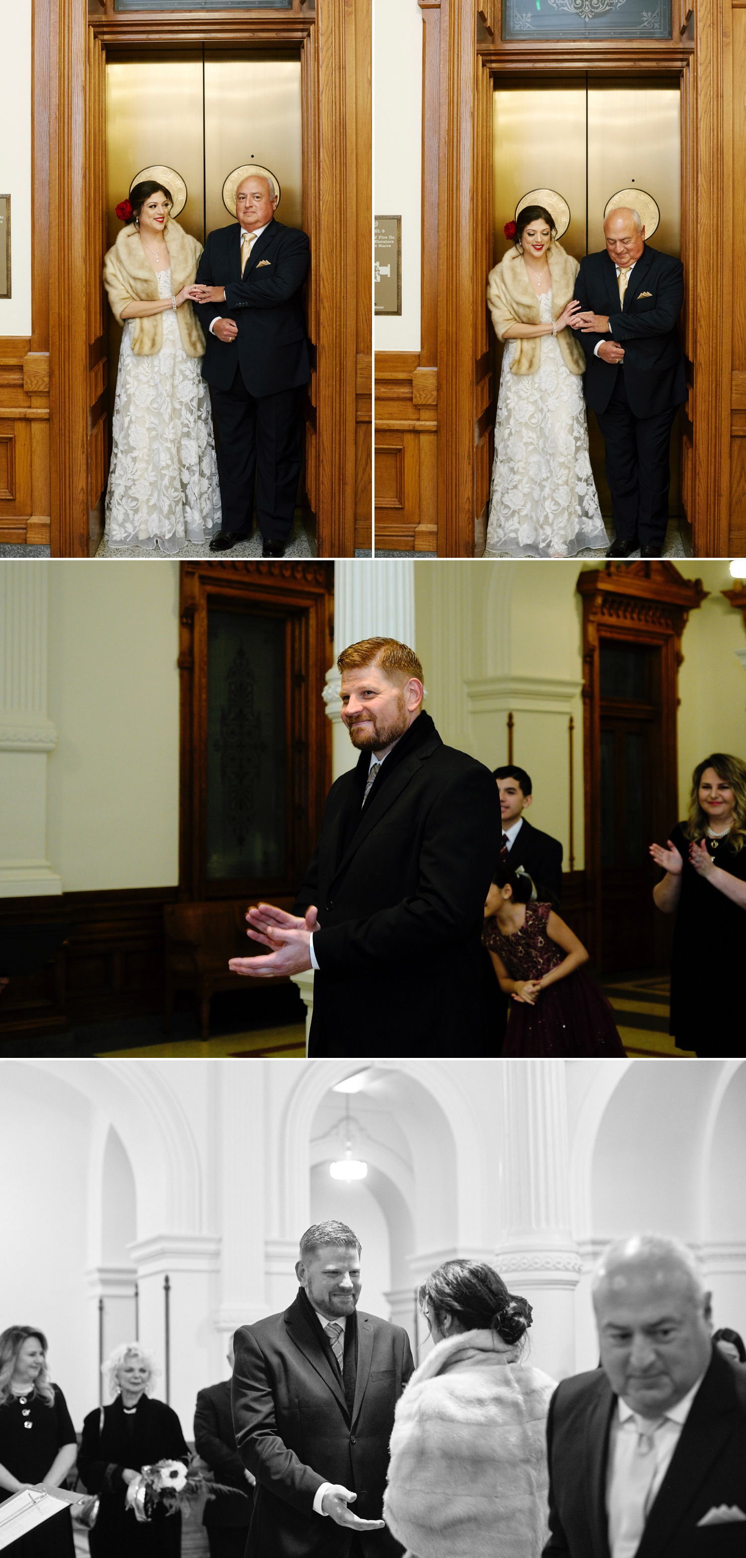 Kathleen arrives via elevator to her wedding to Brandon that took place at the state capitol in Austin