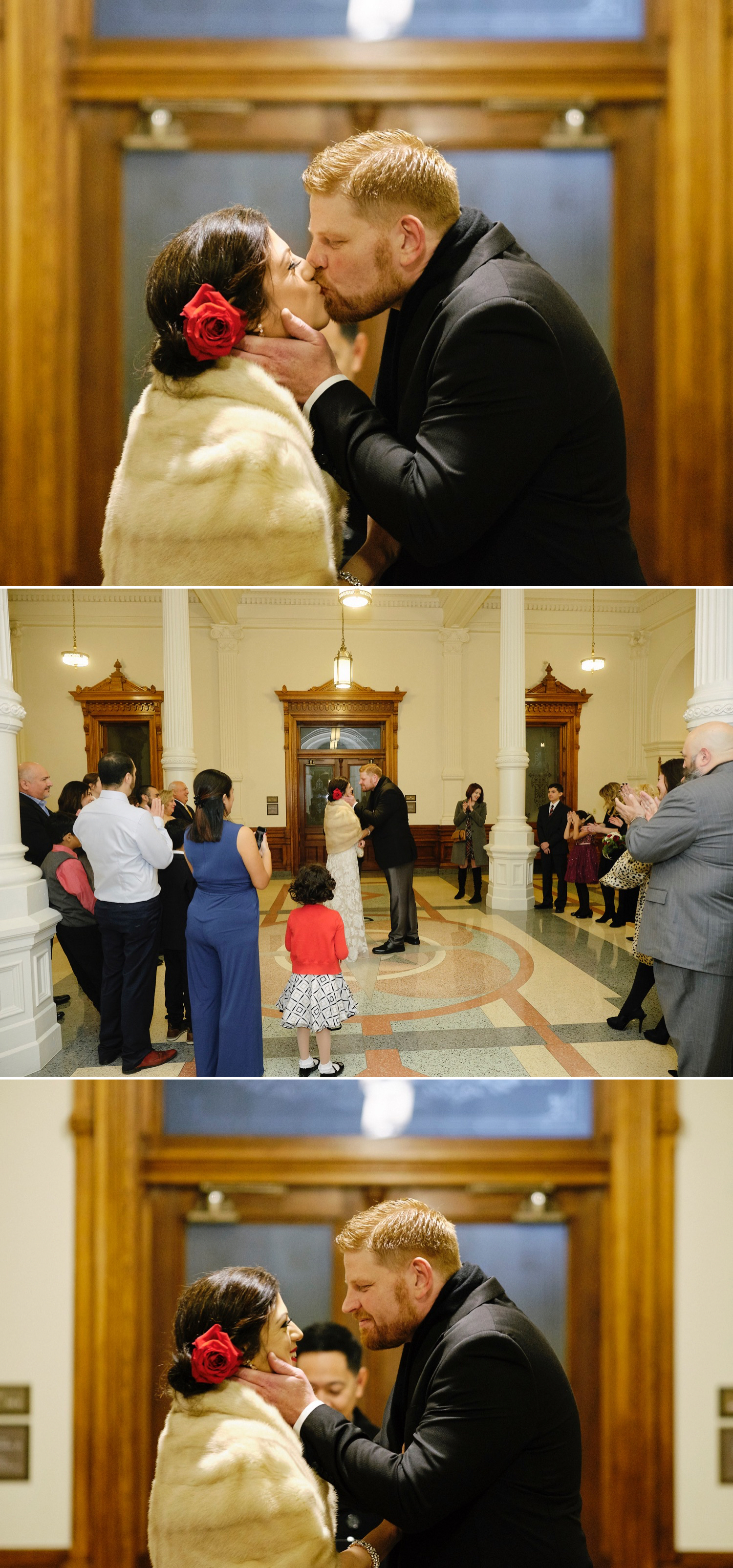 The sweetest first kiss ever happened at the Texas State Capitol during Kathleen and Brandon's wedding