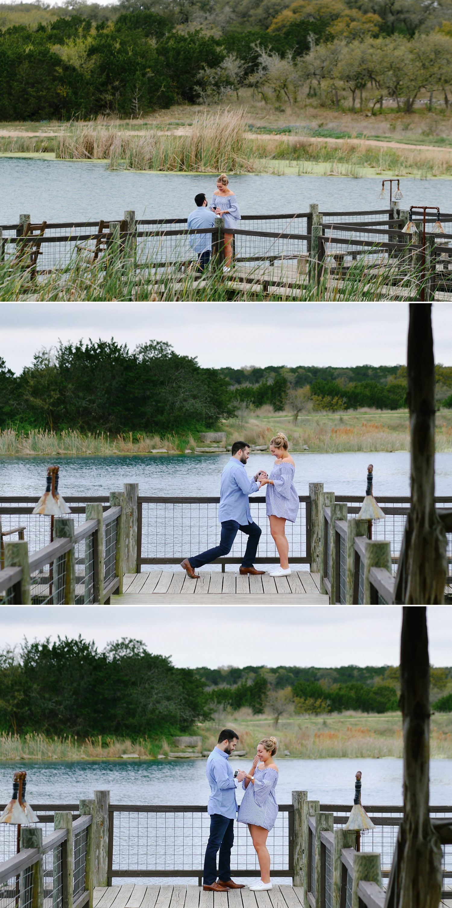 Bret proposes to Katy on the docks at a private park in Bee Caves, TX captured by Austin proposal photographer Mercedes Morgan Photography