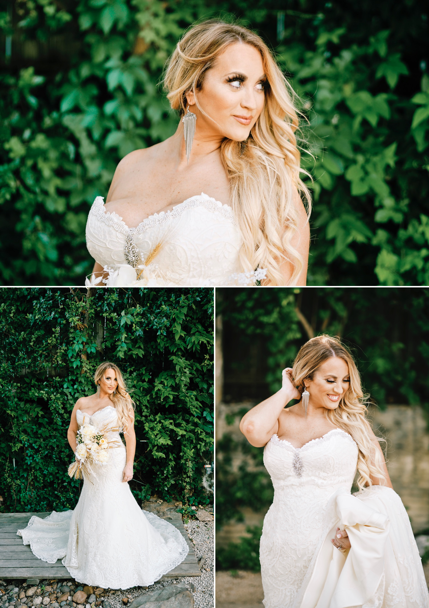 Whitney and her gorgeous dress in front of the ivy wall at Gruene Estate by Austin wedding photographer Mercedes Morgan Photography