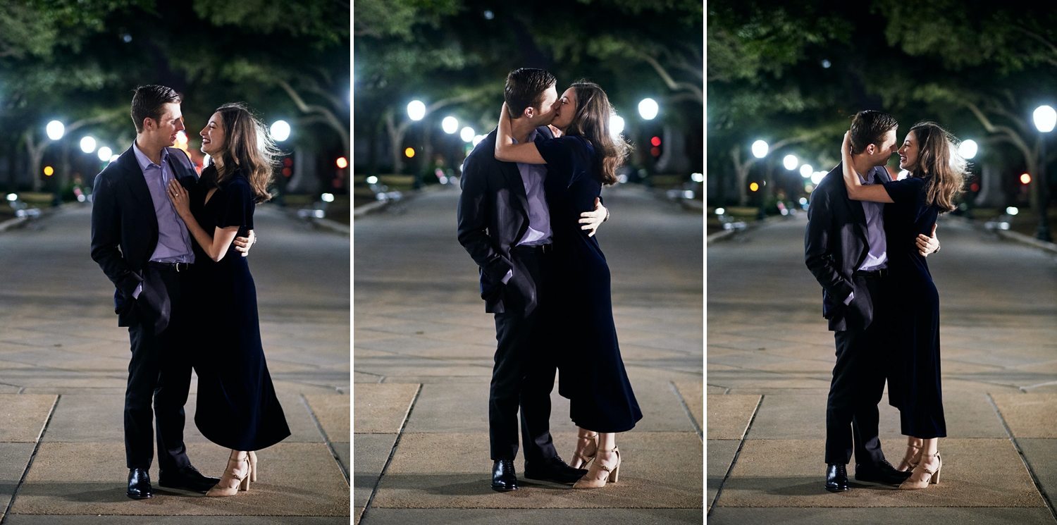 The lights of Congress Avenue make a perfect night time backdrop for Celia and Thomas during their Austin proposal.