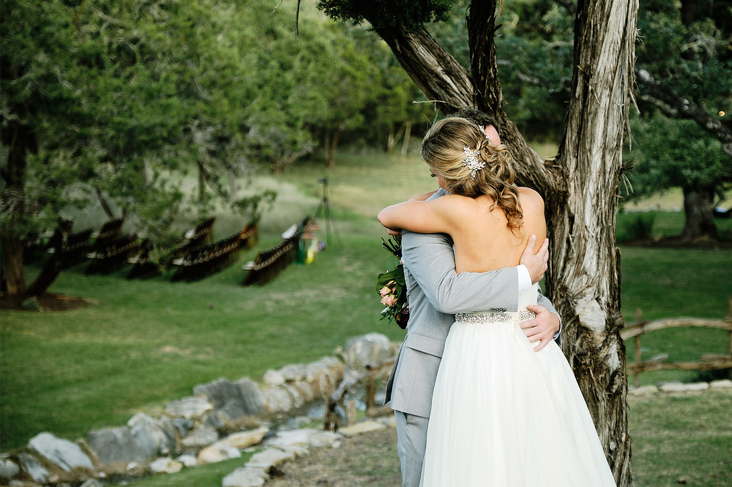 Amy and Dodd's reactions during their first look at their Ivory Oak Wimberley Texas wedding.