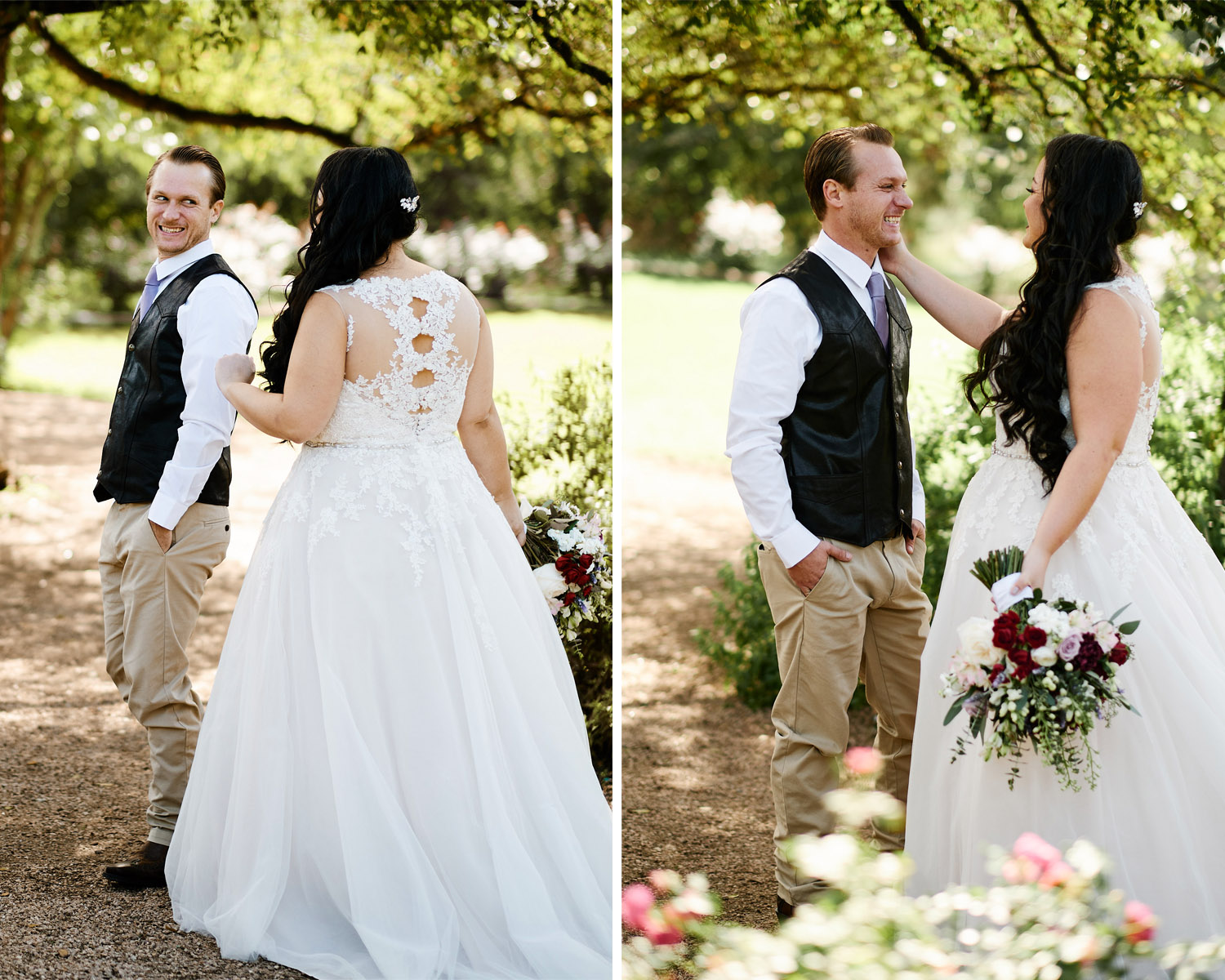Robert was nervous until he laid eyes on Abby at their Wildflower Barn wedding. Taken by Mercedes Morgan Photography, Austin wedding photojournalists.